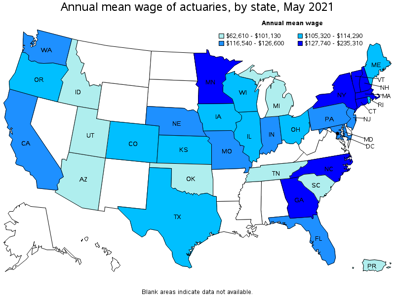 Map of annual mean wages of actuaries by state, May 2021