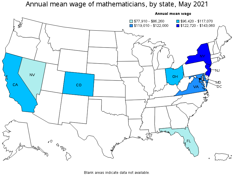 Map of annual mean wages of mathematicians by state, May 2021