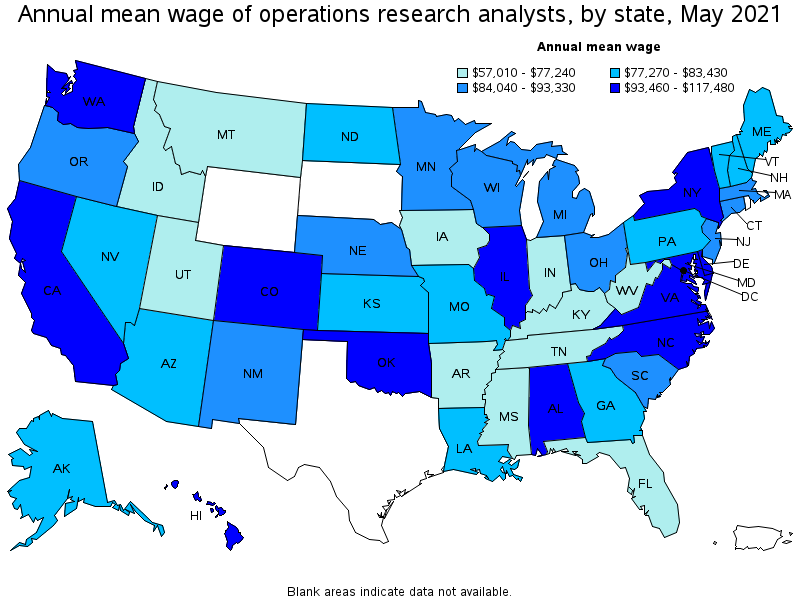 Map of annual mean wages of operations research analysts by state, May 2021