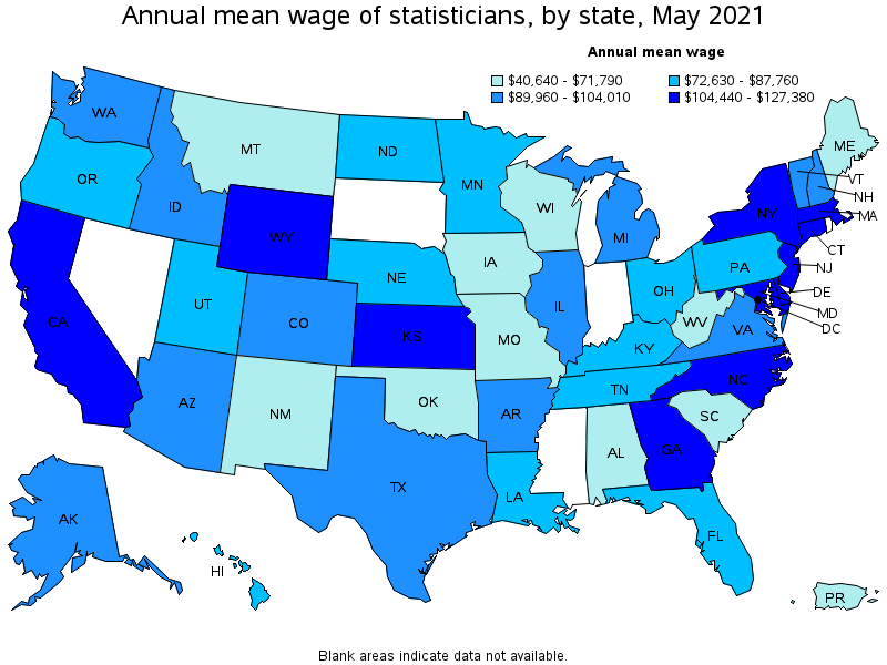 Map of annual mean wages of statisticians by state, May 2021