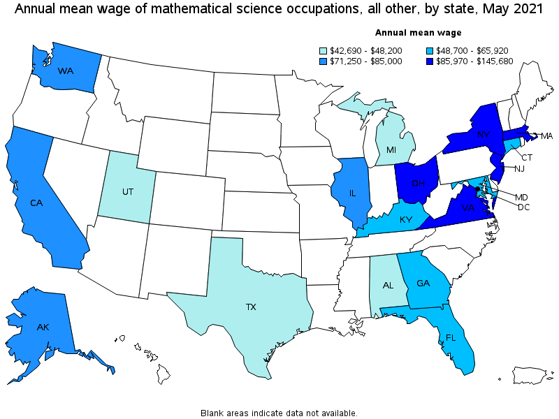 Map of annual mean wages of mathematical science occupations, all other by state, May 2021