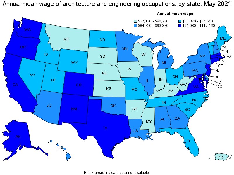 Map of annual mean wages of architecture and engineering occupations by state, May 2021