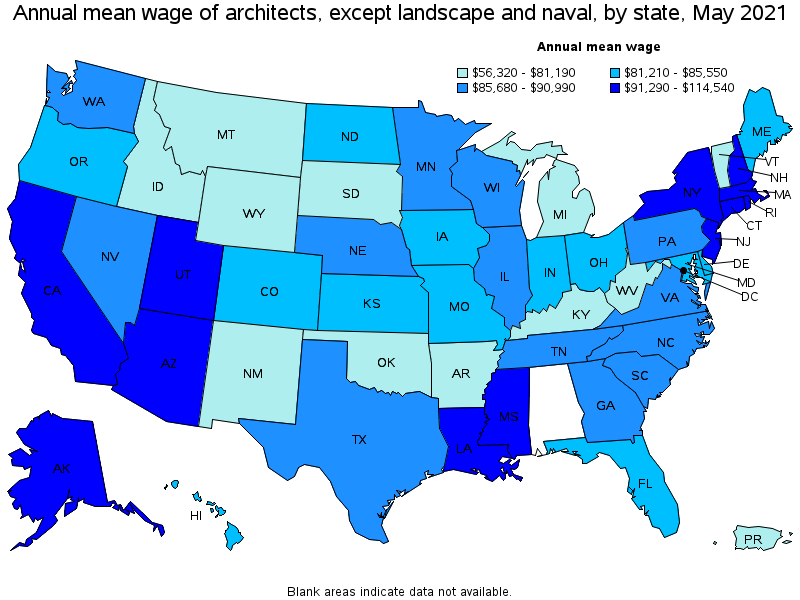 Map of annual mean wages of architects, except landscape and naval by state, May 2021
