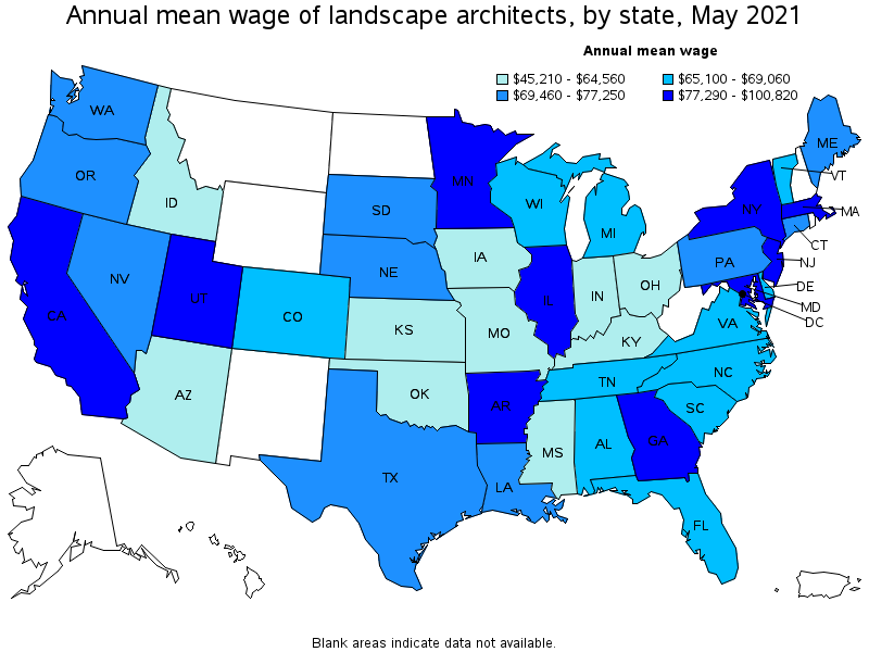 Map of annual mean wages of landscape architects by state, May 2021