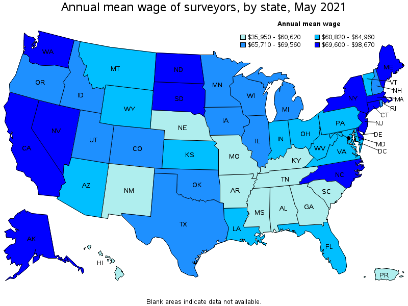 Map of annual mean wages of surveyors by state, May 2021