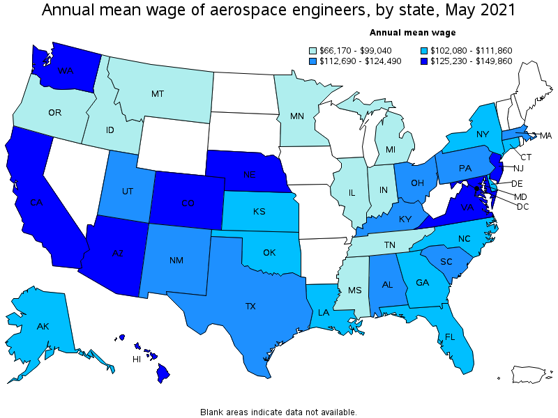 Map of annual mean wages of aerospace engineers by state, May 2021