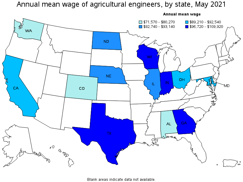 Map of annual mean wages of agricultural engineers by state, May 2021