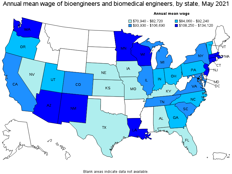 Map of annual mean wages of bioengineers and biomedical engineers by state, May 2021