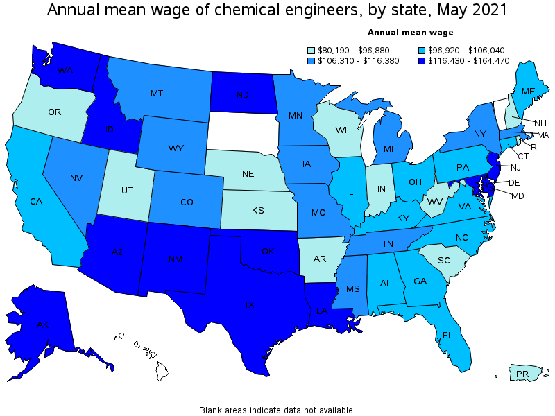 Map of annual mean wages of chemical engineers by state, May 2021