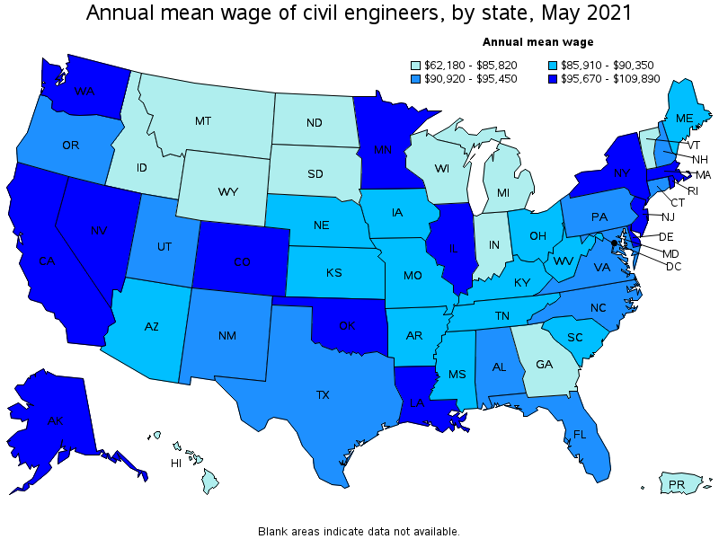 Map of annual mean wages of civil engineers by state, May 2021