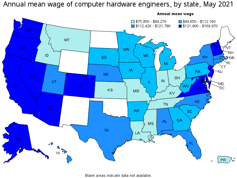Map of annual mean wages of computer hardware engineers by state, May 2021