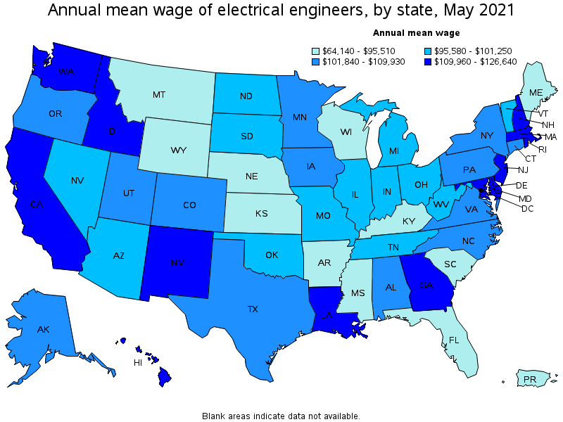 Map of annual mean wages of electrical engineers by state, May 2021