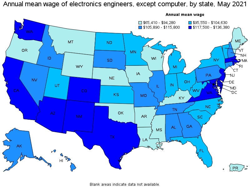 Map of annual mean wages of electronics engineers, except computer by state, May 2021