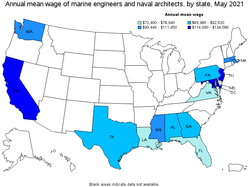 Map of annual mean wages of marine engineers and naval architects by state, May 2021