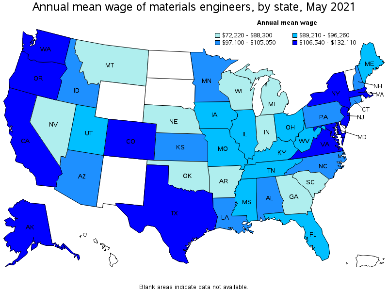 Map of annual mean wages of materials engineers by state, May 2021