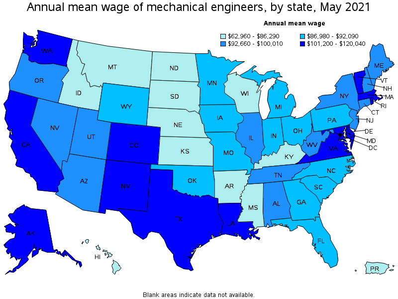 Map of annual mean wages of mechanical engineers by state, May 2021