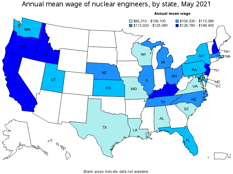 Map of annual mean wages of nuclear engineers by state, May 2021