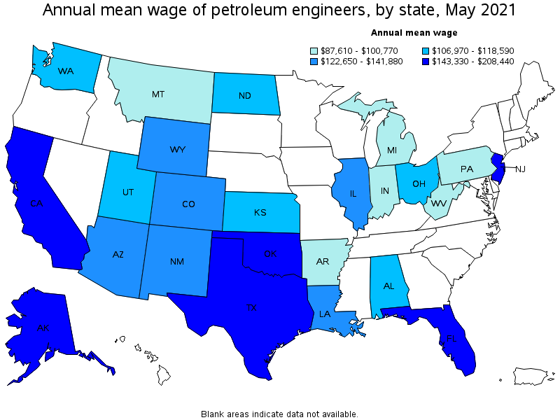 Map of annual mean wages of petroleum engineers by state, May 2021