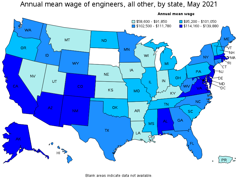 Map of annual mean wages of engineers, all other by state, May 2021