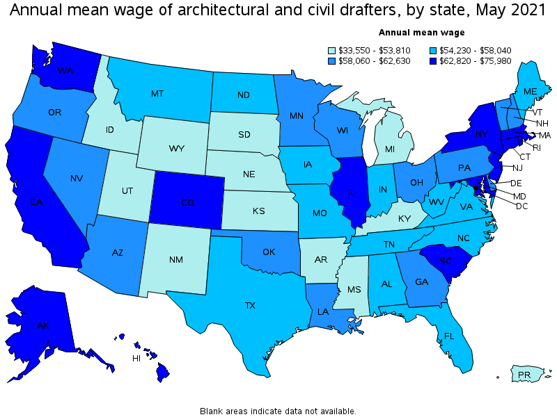 Map of annual mean wages of architectural and civil drafters by state, May 2021