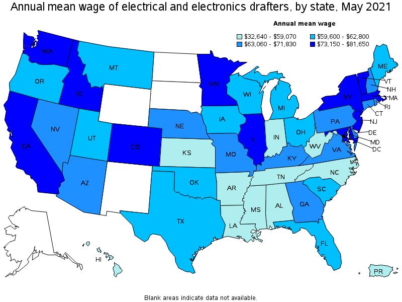 Map of annual mean wages of electrical and electronics drafters by state, May 2021