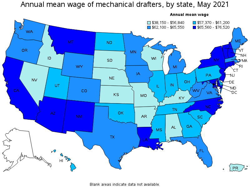 Map of annual mean wages of mechanical drafters by state, May 2021