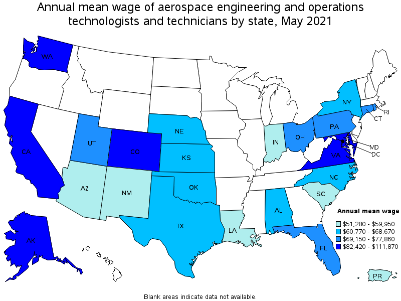Map of annual mean wages of aerospace engineering and operations technologists and technicians by state, May 2021