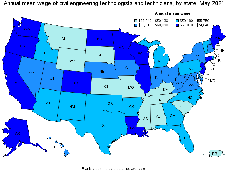Map of annual mean wages of civil engineering technologists and technicians by state, May 2021