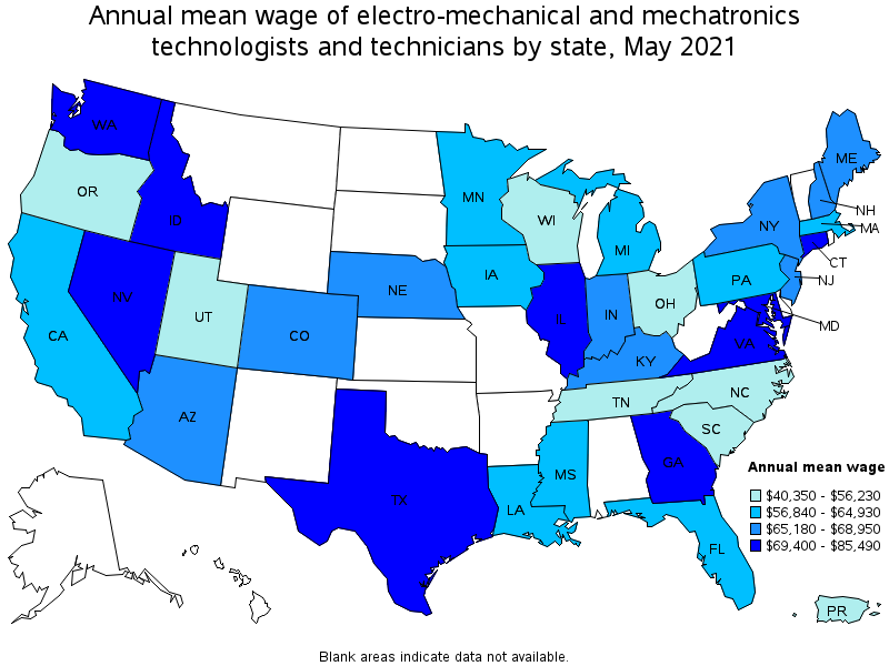 Map of annual mean wages of electro-mechanical and mechatronics technologists and technicians by state, May 2021