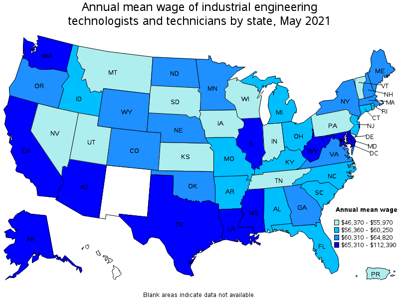Map of annual mean wages of industrial engineering technologists and technicians by state, May 2021