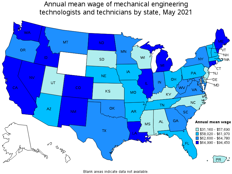 Map of annual mean wages of mechanical engineering technologists and technicians by state, May 2021