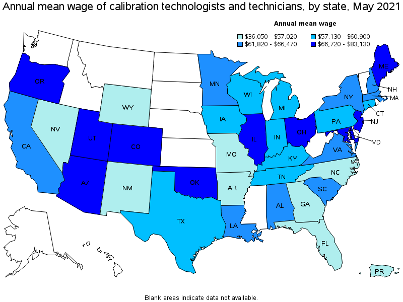 Map of annual mean wages of calibration technologists and technicians by state, May 2021