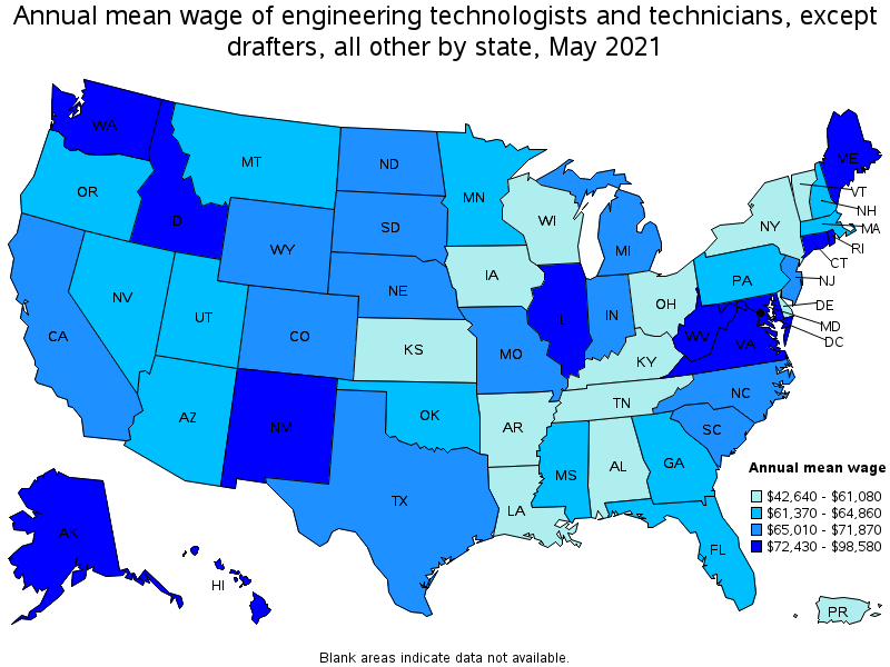 Map of annual mean wages of engineering technologists and technicians, except drafters, all other by state, May 2021