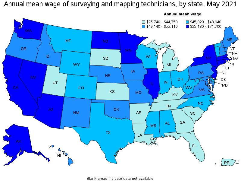Map of annual mean wages of surveying and mapping technicians by state, May 2021