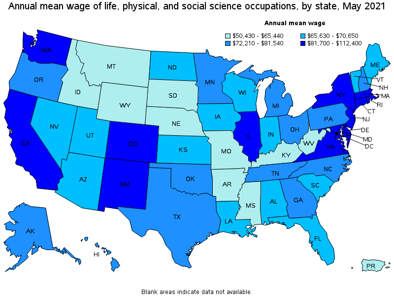 Map of annual mean wages of life, physical, and social science occupations by state, May 2021