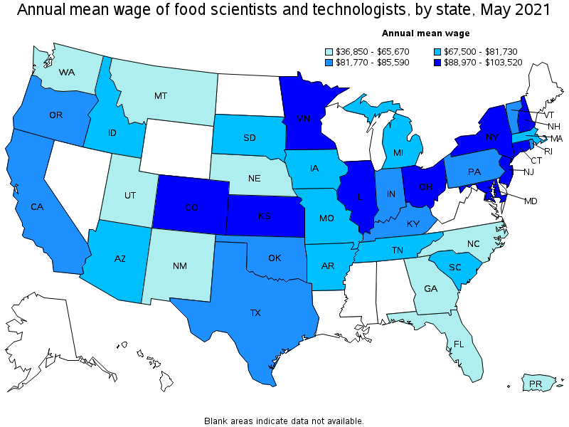 Map of annual mean wages of food scientists and technologists by state, May 2021