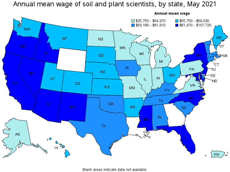 Map of annual mean wages of soil and plant scientists by state, May 2021