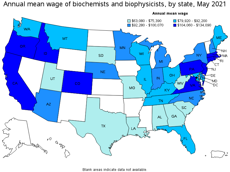 Map of annual mean wages of biochemists and biophysicists by state, May 2021