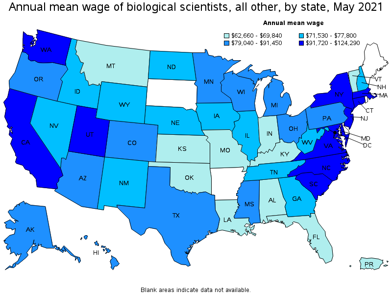 Map of annual mean wages of biological scientists, all other by state, May 2021