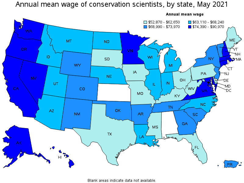 Map of annual mean wages of conservation scientists by state, May 2021