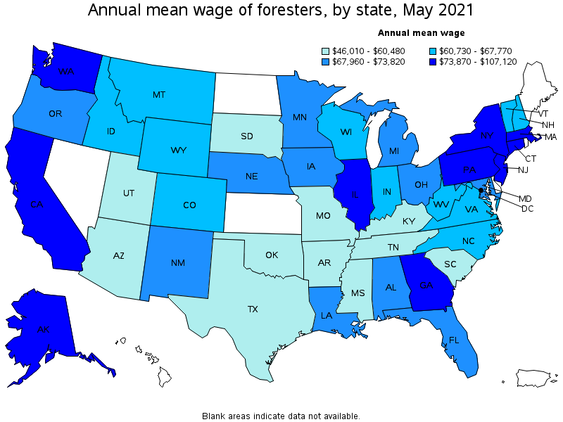 Map of annual mean wages of foresters by state, May 2021