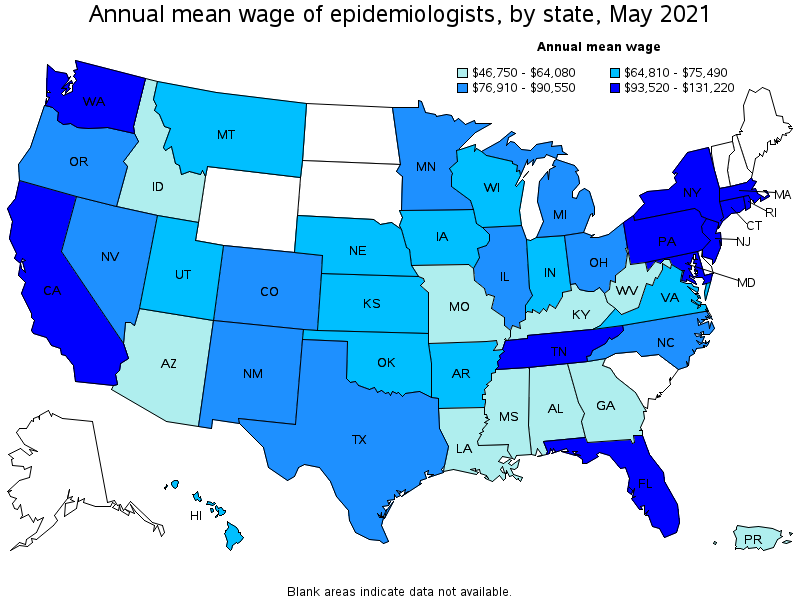 Map of annual mean wages of epidemiologists by state, May 2021