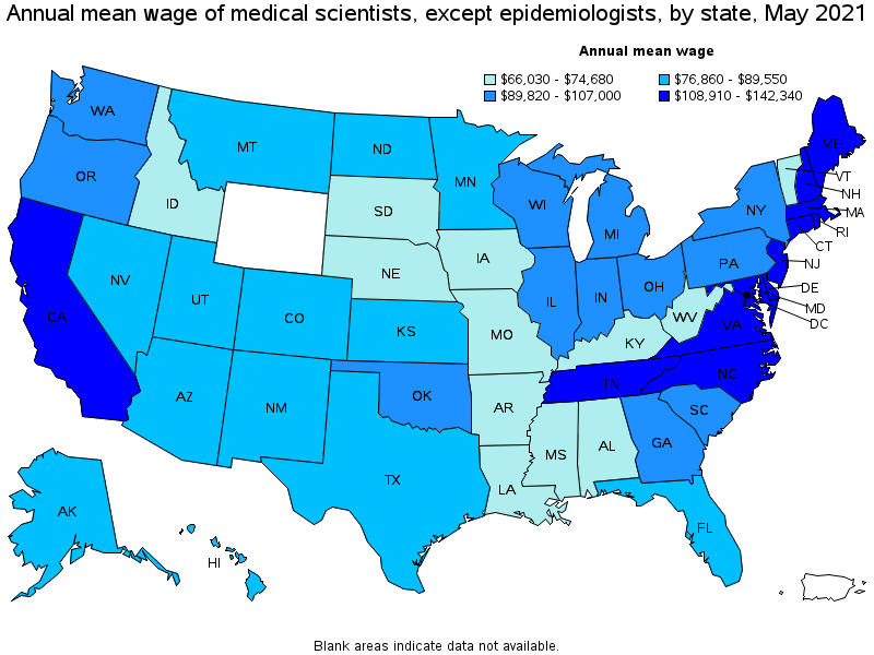 Map of annual mean wages of medical scientists, except epidemiologists by state, May 2021