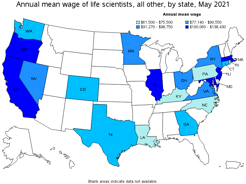 Map of annual mean wages of life scientists, all other by state, May 2021