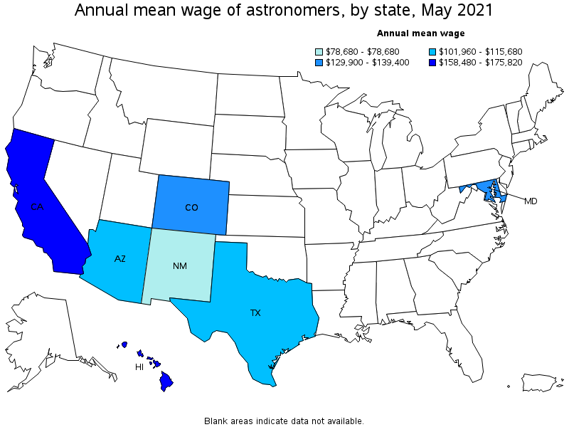Map of annual mean wages of astronomers by state, May 2021