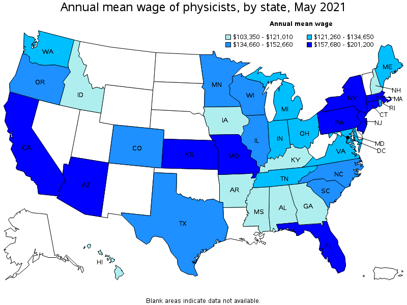 Map of annual mean wages of physicists by state, May 2021