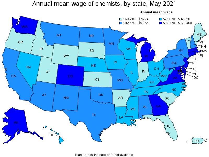 Map of annual mean wages of chemists by state, May 2021