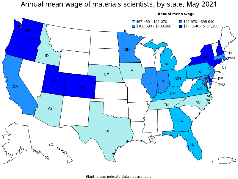 Map of annual mean wages of materials scientists by state, May 2021