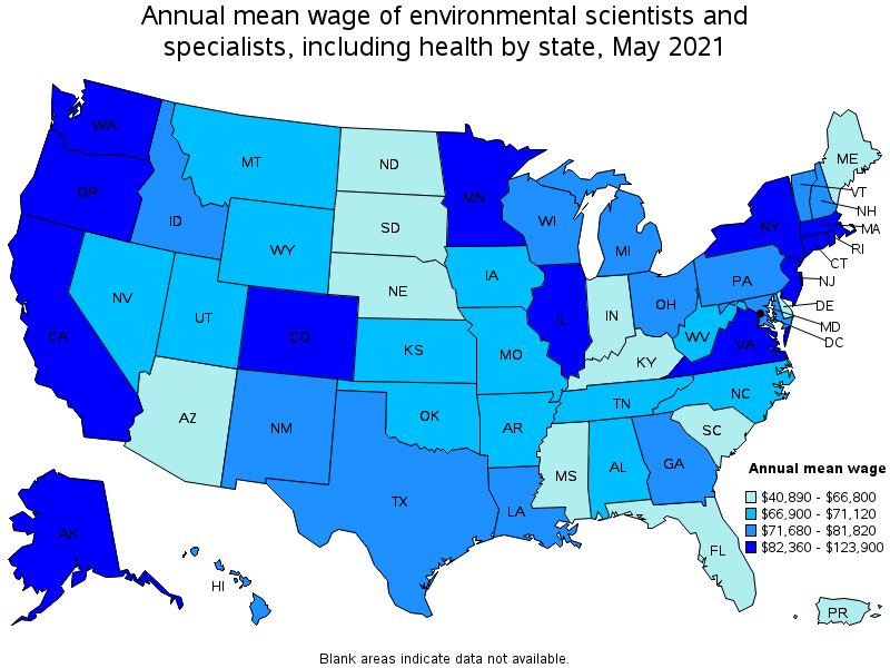 Map of annual mean wages of environmental scientists and specialists, including health by state, May 2021