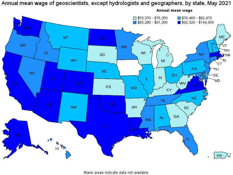 Map of annual mean wages of geoscientists, except hydrologists and geographers by state, May 2021